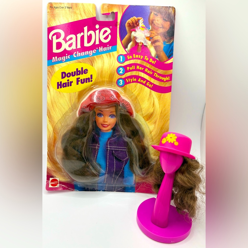 Barbie Magic Change Hair 90s Doll Wig Brown/Brunette Soft Red Hat NIB + Pink Hat